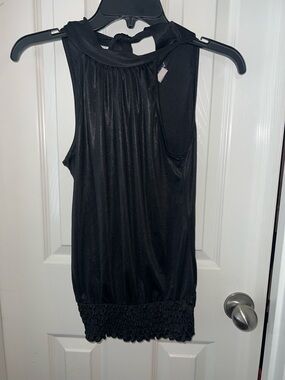 Body Central Black Sleeveless Halter Blouse with Smocked Hem